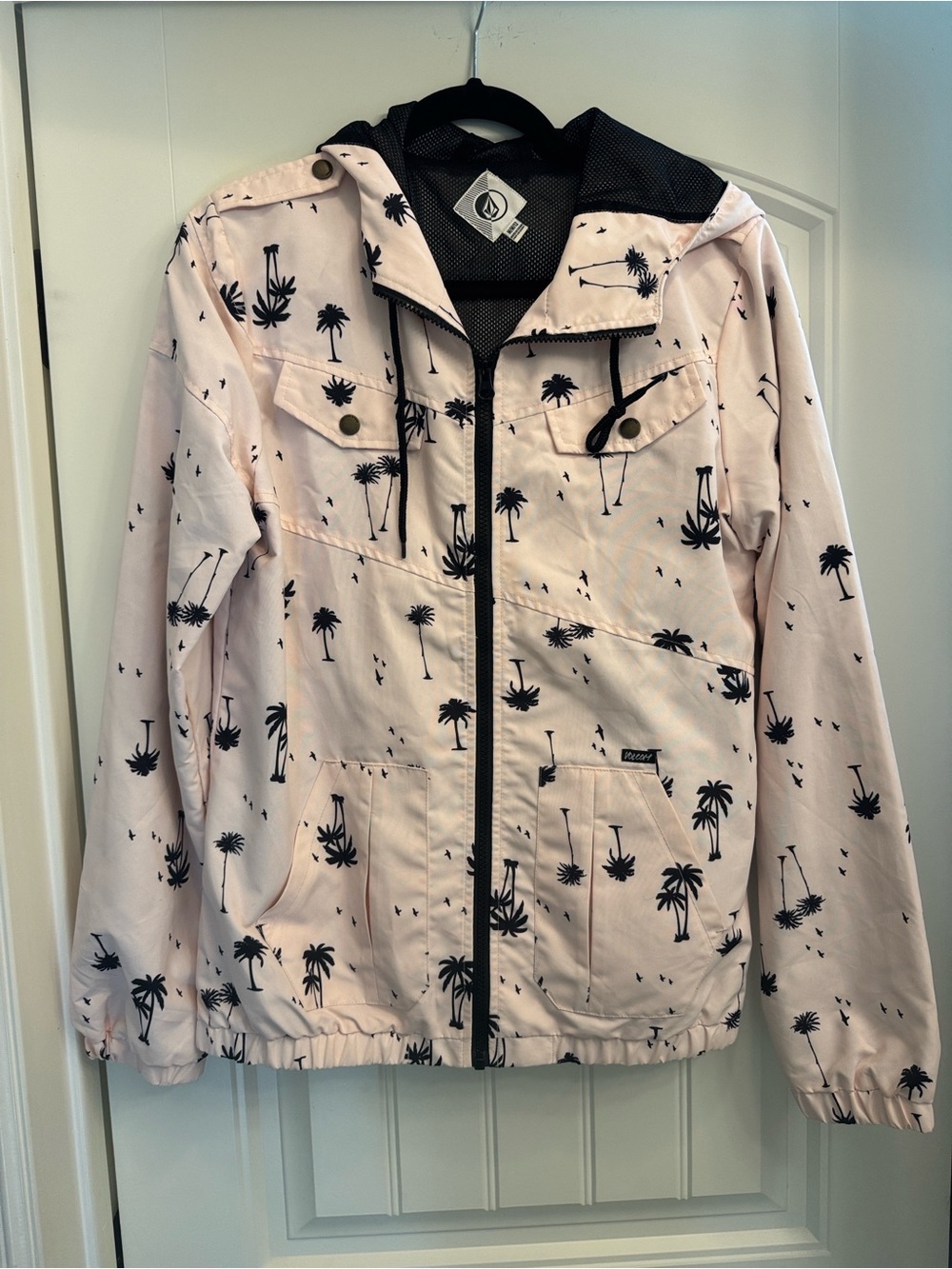 Volcom Pale Pink Palm-Print Hooded Jacket, rain wind, M, Like New